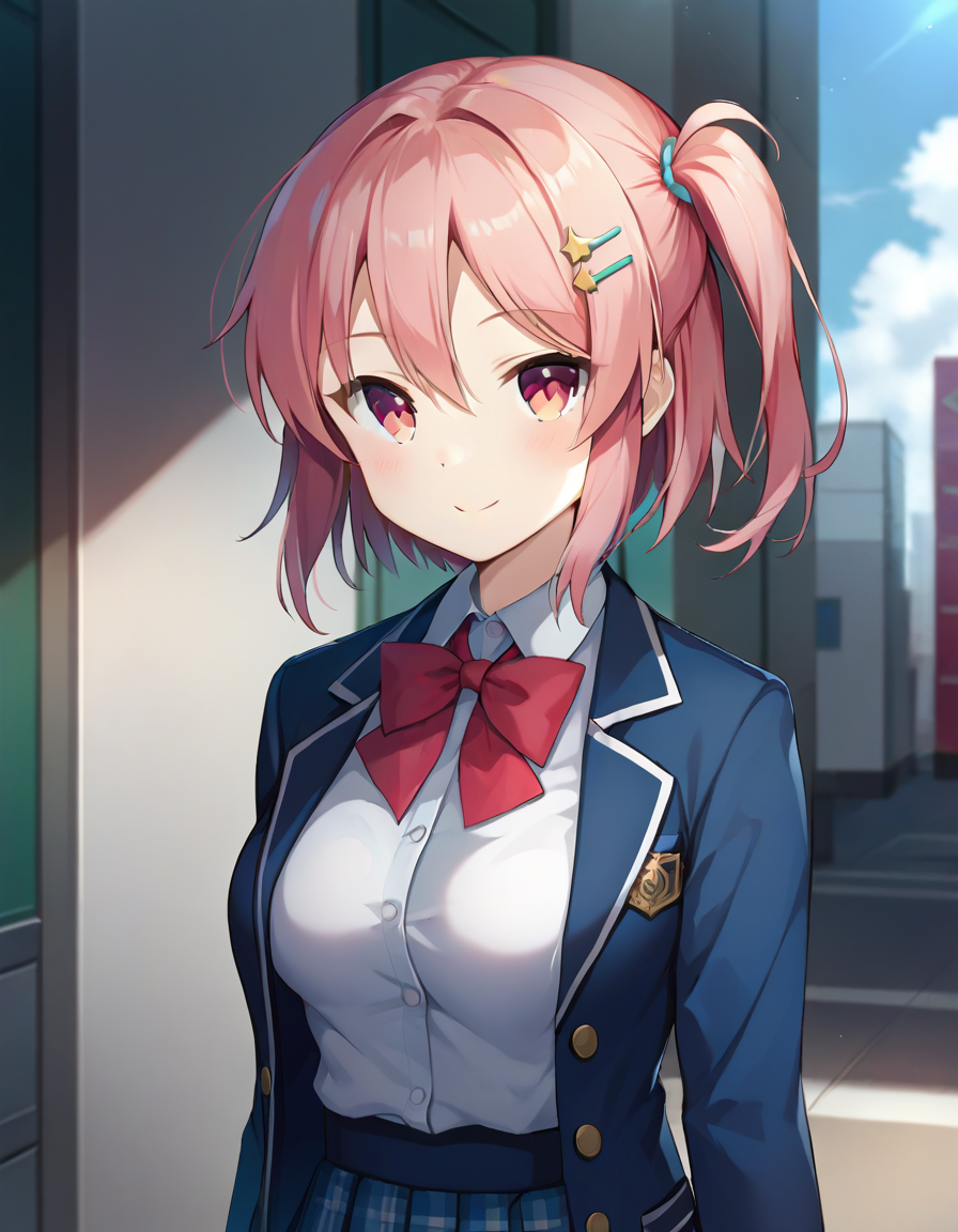 score_9,score_8_up,score_7_up,score_6_up BREAK official art,solo,outdoors,smile,upper body,(portrait:1.5),looking at viewer,facing viewer,Shindou Ayane,short hair,pink hair,one side up,hair ornament,hairclip,sidelocks,hair between eyes,parted bangs,pink eyes,school uniform,blue jacket,blazer,wing collar,open jacket,red bowtie,collared shirt,white shirt,medium breasts,skindentation,long sleeves,blue skirt,plaid skirt,pleated skirt,white socks,loafers,<lora:Shindou Ayane(ksak)-Pony:1.2>,<lora:Smooth Anime Style LoRA XL:0.8>,