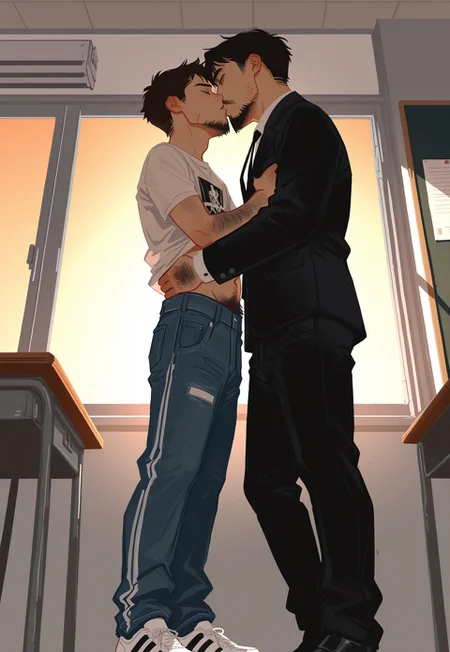 Smooth_Quality,

male focus, male only, duo, 2boys, ((age difference)),

Jeanviq, facial hair, black hair, blue eyes, (mustache:0.6),

inside, blackboard, desks, documents, folders, cluttered shelves, detailed background, dim light, dynamic lighting, dynamic pose, light through window, sunset,

standing, black jacket, white collared shirt, black tie, black shoes, white socks,

(young:1.5), band t-shirt, jeans, white adidas sneakers,

tired, hairy arms, hairy hands, looking at viewer, closeup, undressing, excessive chest hair, hand under shirt, standing,

excessive pubes, navel, hand on waist, embracing, 

body blush, kissing, side view, from below,