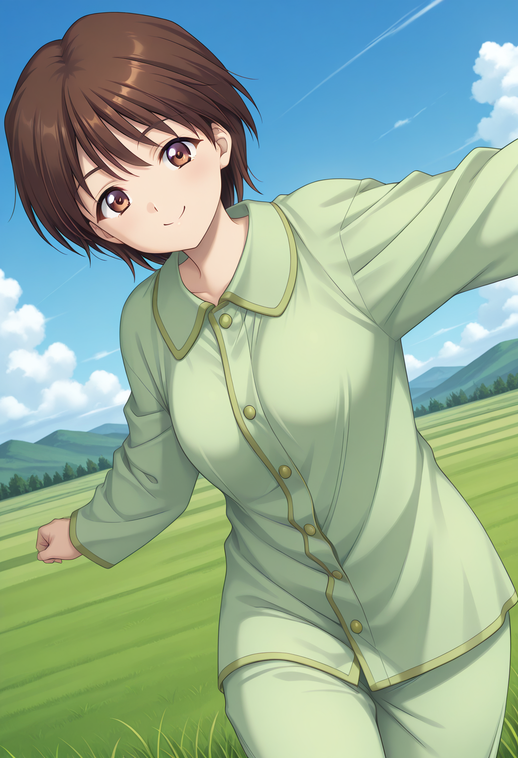 kuon_shiori, brown eyes, brown hair, short hair, light green pajamas, <lora:kuon_shiori_illustrious_ver1:0.8> 
smile,, 1girl, solo, blue sky, (grasslands:1.2), looking at viewer,, masterpiece, best quality, general,, (cowboy shot, dynamic pose:1.4),