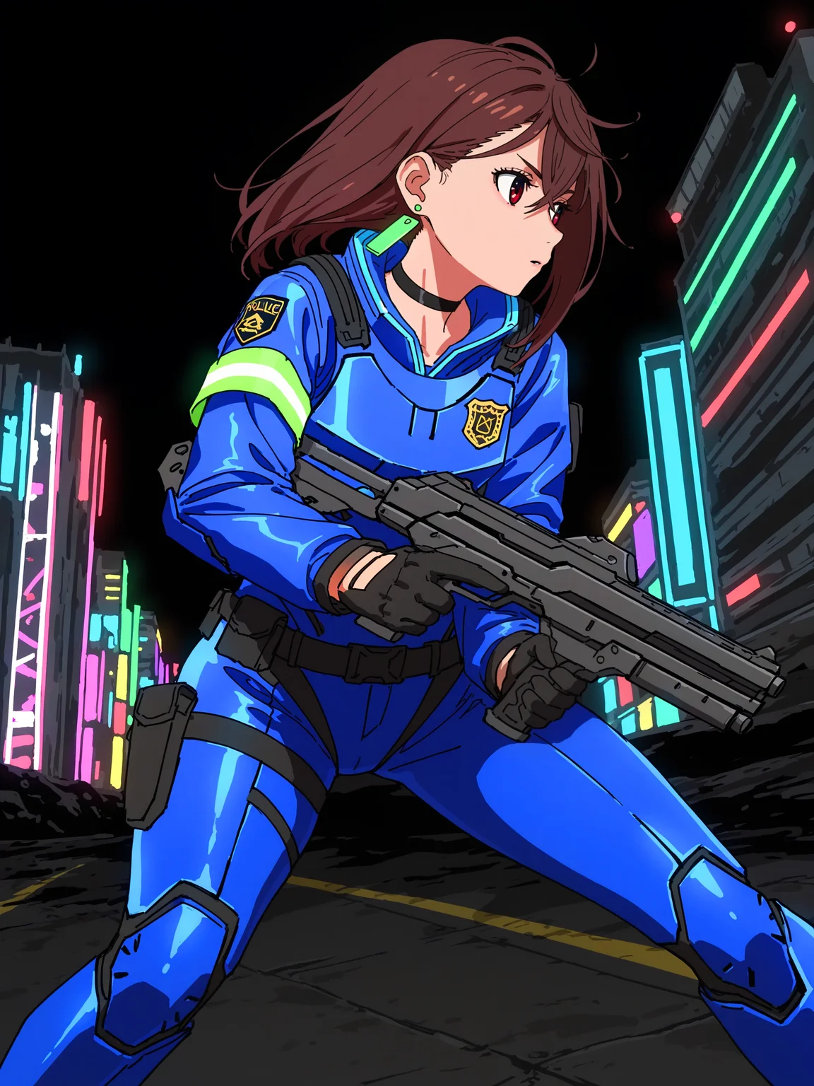 anime style,sketch,doodle,
masterpiece,best quality,amazing quality,
momo_ayase, 1girl, solo, short brown hair, red eyes, green earrings, 
expressiv colors,
colorful,
1girl,solo,
standing,
black choker, 
futuristic police uniform, blue armor, science_fiction, 
fighting stance, holding (futuristic) gun,
dark nights,neon_lights,  outdoors, science_fiction city,
cyberpunk,
dark,
 (black background:0.9),
looking to the side,
dynamic_pose, 
high_contrast, 
black gloves,