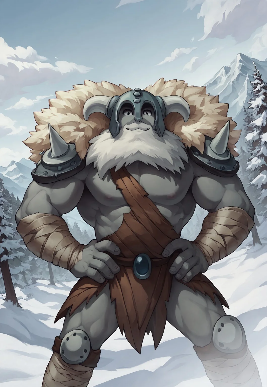 score_9, score_8_up, PolarKnightSW, grey skin, horned helmet, pauldrons, bandages, white fur cape, white beard, armor, looking at viewer, portrait, mountains, snow, trees, detailed background, dynamic pose, muscular, dutch angle, smile, hands on hips,