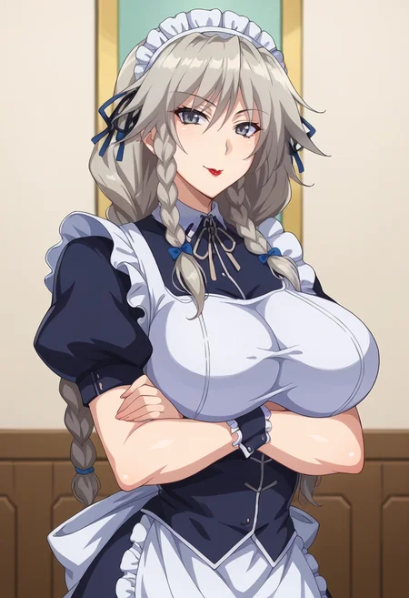 score_9, score_8_up, source_anime BREAK solo, 1girl, looking at viewer, close-up, upper body,
<lora:GrayfiaPdxlDwnsty-000008:1>, Grayfia Lucifuge, grey eyes, grey hair, twin braids, long hair, maid, apron, wrist cuffs, maid headdress, red lips, lipstick, makeup,
curvy, large breasts, naughty face, smile, skindentation, crossed arms,
indoors, living room, dimly lit,
<lora:DXD_Hero_Style:0.8>