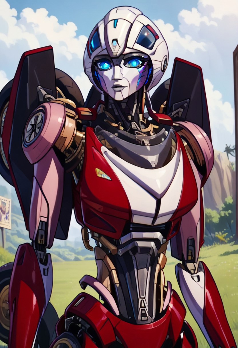 score_9, score_8_up, score_7_up, screencap, detailed eyes, looking at viewer, bust shot, white background, character sheet, multiple views, ArceeROTB, autobot, 1girl, solo, red and white body, mechanical parts, robot, helmet-like head, robotic face, glowing blue optics, wheels on back, ducati printed on right leg, autobot forehead symbol, fairing-like chest, blue eyes, narrow waist, rtropopCE, poster, poster art, poster art style (text: "ARCEE"), a poster of arcee, in the style of marko-manev
