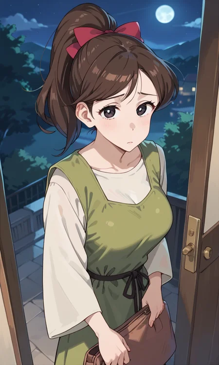 (1girl:1.5), (solo:1.3), (score_9, score_8_up, score_7_up, score_6_up, score_5_up, score_4_up), (source_anime), rating_questionable, looking at viewer, (cowboy shot:1.3),
(black eyes, eyelashes, brown hair, swept bangs, long hair, sad), <lora:shin-derayla-maid_v2:1> (shin-derayla-maid), (ponytail, red hair bow, green dress, pinafore dress, miniskirt, long sleeves shirt, wide sleeves), (large breasts),
outdoors, night, night sky, moon, standing, doorway, grand doors, holding bag, (holding the handles of the bag with both hands:1.3), brown bag, (from above:1.3)