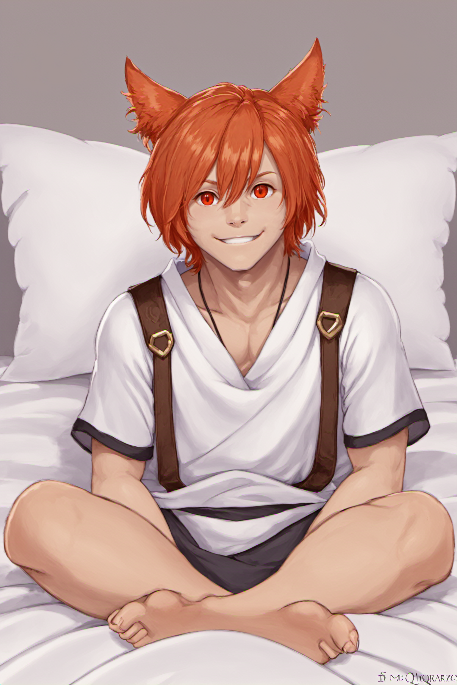 G'raha Tia,  solo,  long hair,  looking at viewer,  smile,  red eyes,  1boy,  white background,  animal ears,  hair between eyes,  sitting,  closed mouth,  collarbone,  tail,  full body,  male focus,  red hair,  barefoot,  cat ears,  orange hair,  cat tail,  bed sheet,  wariza,  facial mark,  hand between legs,  miqo'te, <lora:EMS-51676-EMS:0.800000>