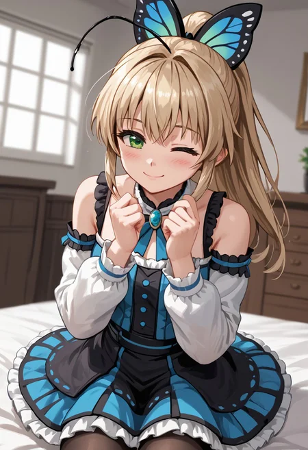 score_4,score_5,score_6,score_7_up,score_8_up,score_9 ((masterpiece,best quality,ultra detailed,highres,HD,4k:1.2)), 
1 cute girl,solo,girl focus,solo focus,face focus,
indoors,
Lumen, blonde hair, light blonde hair, long hair, bangs, green eyes, ponytail, butterfly hair ornament, antennae,
bare shoulders, jewelry, pantyhose, skirt,frill, 
wink,smile,blush,happy,closed mouth,