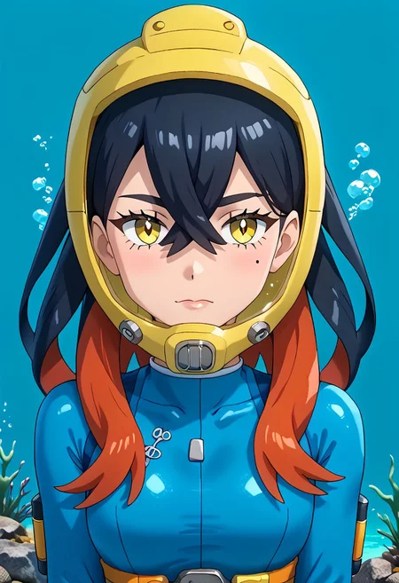 PokemonStyle, pokemon \(anime\), full body,solo female, score_9, score_8, score_7, score_6_up, source_anime, anime coloring, anime screencap, official art,
BREAK full body, 1girl, black hair, colored inner hair, crossed bangs, hair between eyes, hairband, long hair under helmet, mole, mole under eye, multicolored hair, red hair, sidelocks, two-tone hair, yellow eyes, floating hair, (blue wetsuit), long sleeves, bare legs, beautiful legs, barefoot,
BREAK
(pokemoncarmine wearing (snug fitting, face-sized(yellow diving helmet contoured to face))), (helmet overlapping chin, helmet overlapping cheeks, helmet overlapping jawline, helmet overlapping ears), shiny glass visor:0.5,
BREAK underwater, seafloor, rocks, sea-green background:0.25, sea-green overlay:0.55, seaweed, neck
BREAK blue background:0.25, bubbles, BREAK mask snugly on face, regulator, breathing tube, orange oxygen tank strapped to back, harness tightly on chest, belt, swimmingai, floating, bubbles, looking at viewer, diving, looking to side, aloof, closed mouth, vents on helmet, covered ears,