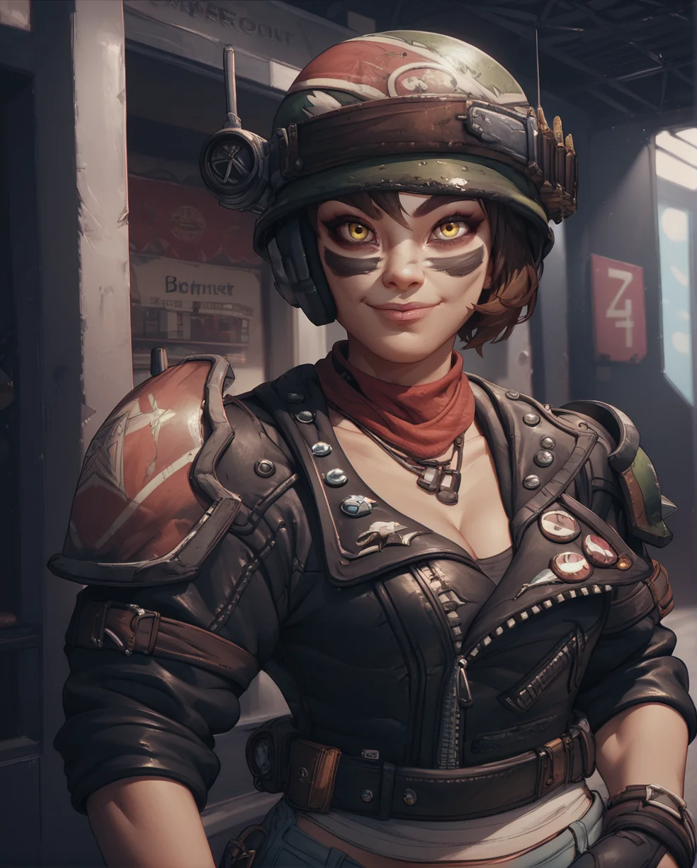 score_9,score_8_up,score_7_up,
Mozexl,short brown hair,yellow eyes,cheek facepaint,hands in pockets,
helmet,fingerless gloves,necklace,belt,shoulder armor,scarf,leather jacket,midriff,cleavage,
standing,upper body,looking at viewer, light smile,
underground bunker,
<lora:MozeXL:0.8>,