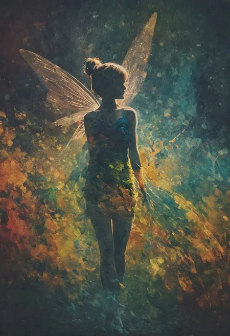 high-contrast palette, subtle grain, timeless feeling, cinematic quality, modern art photograph, Tinkerbell, surrealism, highly detailed