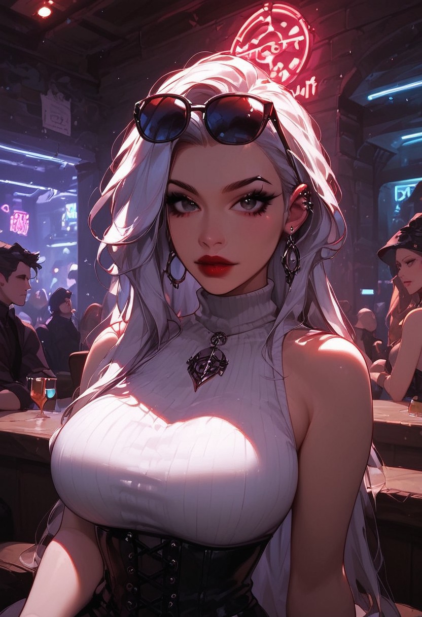 score_9,score_8_up,score_7_up,score_6_up,score_5_up, best_quality, ultra-detailed, masterpiece, close up, 
1girl, goth girl, jewelry, glasses, earrings, corset,  looking at viewer, rings, bare shoulders, red lips, tinted eyewear on head, ribbed sweater, sleeveless sweater, turtleneck, black nails, black skirt, large breasts, 
Break
In a night club, sitting at the bar, looking from across the counter, neon lights, dark interior, neon glow, shadows, dim lighting, low light, dark,