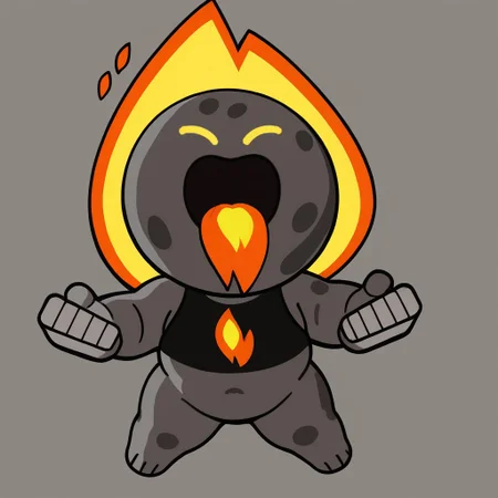 Score_9, score_8, score_7, score_6, 1girl, solo, Brawlstars, Cartoonish, Cartoon, digital art, 2d, thick outlines, bold, bold outlines, cuteart style, cute, big eyes, dot eyes, oval eyes, chibi, expressive, playful, bright colors, vibrant colors, colored skin, shading, anthro, anthropomorphic character, noseless, no nose, no hair, bald, hairless, no ears, no ear, earless, spherical character, round head, circular head, spherical head, minimalistic design, shiny skin, MeteoricBrawl, Brownish dark grey skin, dark gray skin, dark-skinned, orange flames, yellow flames, fierce expression, yellow eyes, closed eyes, happy expression, open mouth, happy, smile, smiling, fire mouth, breathing fire, fire out of mouth, fire coming out of mouth, cupped hands, fiery gradients, fire, character on fire, on fire, burning, burning character, full body, standing, huge breasts, large hips, wide hips, thunder thighs, very short female,((shortstack)), black crop top, crop top, chubby female, plump, no pants