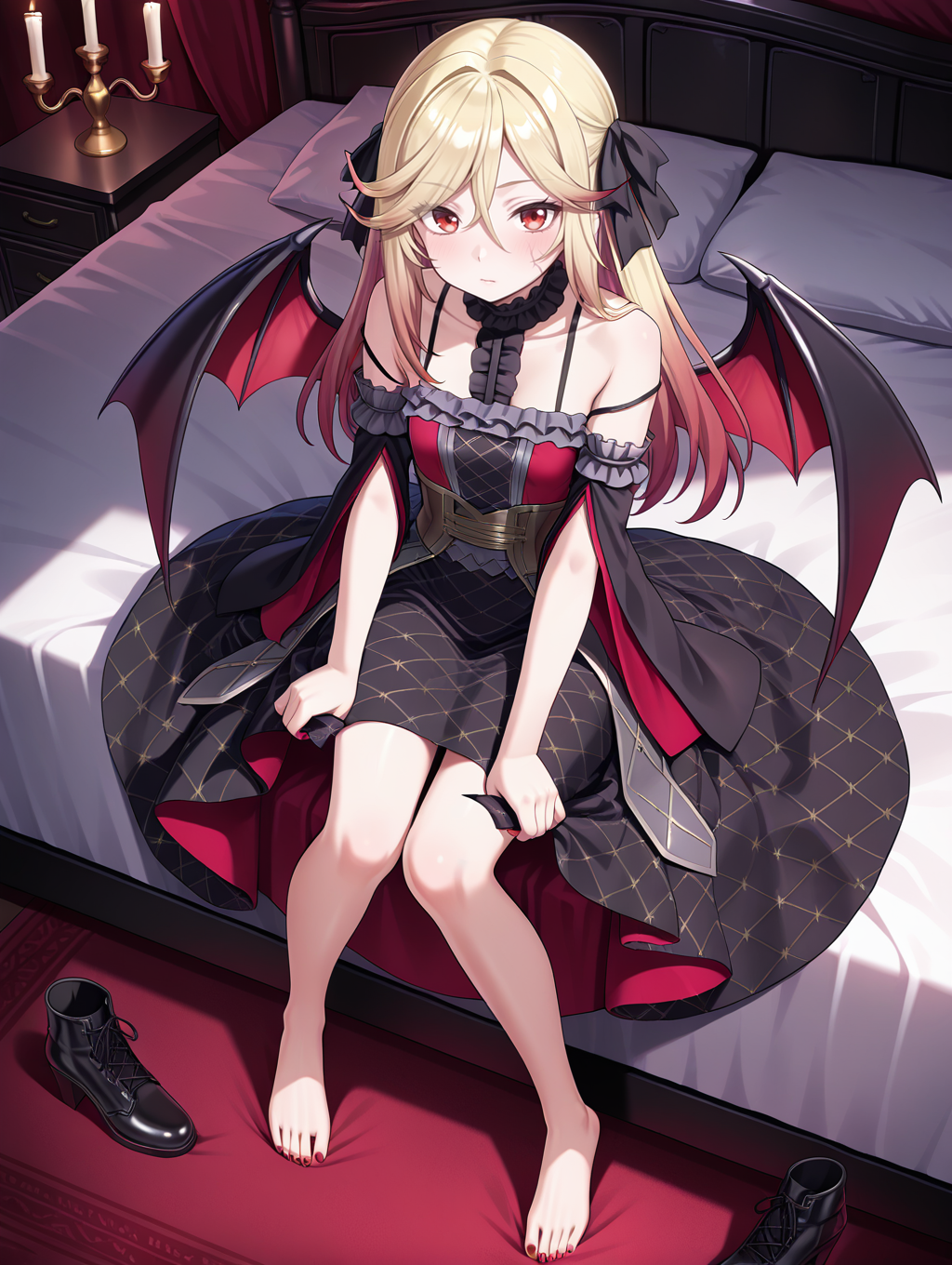 vampire, vampire fraulein, 1girl, solo, sitting, looking at viewer, red nails, black cross-laced footwear, bed, on bed, bat wings, indoors, closed mouth, black frilled sleeves, candle, black frilled dress, black frilled choker, unworn shoes, undressing, from above, full body, black hair bow,
masterpiece,best quality,amazing quality,very aesthetic,absurdres,newest,<lora:Vampire Fascinator, Fraulein & Sucker illusXL v1:0.75>,