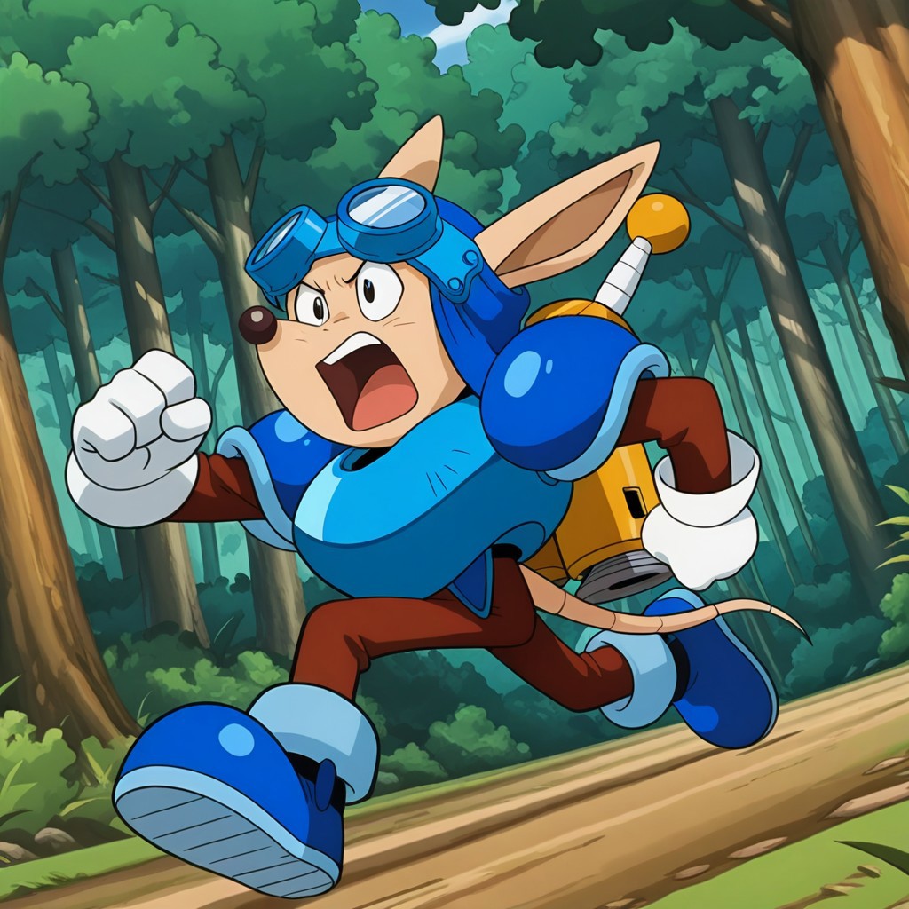 Sparkster, blue armor, 1boy, jetpack, goggles on head, (helmet:2), white gloves, full body, running, yelling, forest background, sword on back, dutch angle, hand on own hip, anime screencap,