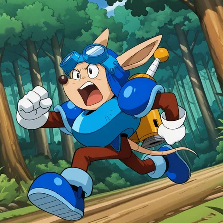 Sparkster, blue armor, 1boy, jetpack, goggles on head, (helmet:2), white gloves, full body, running, yelling, forest background, sword on back, dutch angle, hand on own hip, anime screencap,