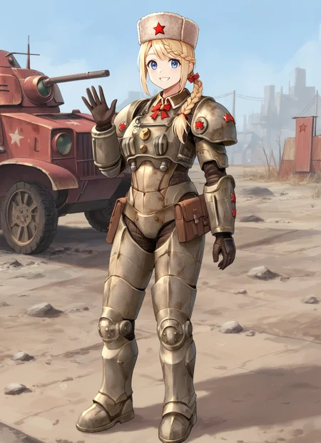 <lora:PPSH-41_Girls_Frontline:.8> ppsh41, braided hair, long hair, blue eyes, blonde hair, , (beige  fur hat), ushanka, star (symbol),  <lora:fallout-power-armor-sdxl-v1:1> fallout-power-armor, waving at viewer, smiling, red power armor, military base background, full body, bulky armor, heavy armor, score_9, score_8_up, score_7_up, masterpiece, high quality, 8K