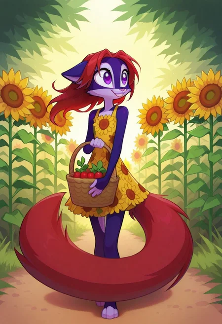 Dreamkeepers,Indi_and_Digo,1girl,solo,furry,tail,source_furry,,red hair,purple fur, purple eyes,
child, kid,
in a sunflower dress holding a basket of fresh berries, standing in a sunlit meadow with butterflies fluttering around her, sunflower_dress, basket, berries, meadow, butterflies, smile, happy, cute, long_hair, outdoor, nature, sunny, pastel_colors, peaceful