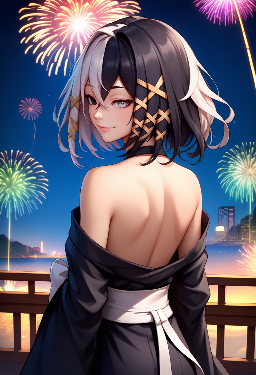score_9, score_8_up, score_7_up, source_anime, from behind, solo, 1girl, olantilene, smile, closed mouth, looking back, x hair ornament, split-color hair, black hair, white hair, heterochromia, black eyes, grey eyes, black kimono, off shoulder, white sash, bare shoulders, fireworks <lora:ol_antilene_ponyXL:1>