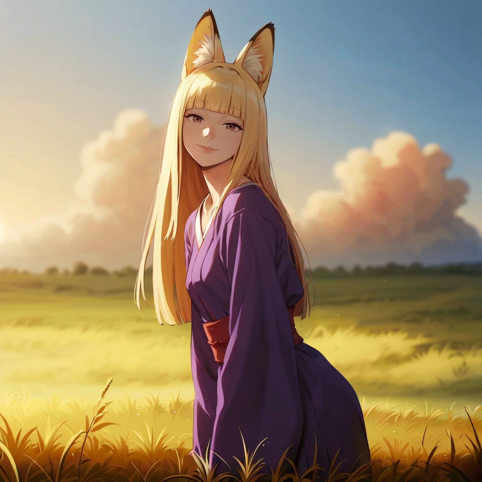 score_9, score_8_up, score_7_up,score_6_up,source_anime, best quality, hires,from side,leaning forward, 
[(realistic:0.5)::0.1],cinematic lighting,mist,film grain
1girl,solo,[blonde:ginger:0.5] hair,long hair, straight hair,hime cut,brown eyes, (fox ears:1.1),skinny, small breasts, blunt bangs,sidelocks, yaeba,light smile,  purple kimono, red obi, narrowed eyes,[(tsurime:0.5):0.1], jitome, looking at viewer,drop shadow
(yellow grass:1.9),autumn field,red and violet gradient background,(cloudy sky:1.2), sunset sky,posing, orange theme, 
<lora:Fixhands_anime_bdsqlsz_V1:1>,<lora:DobunezuMix-Pony:0:0.8>,<lora:StS_age_slider_v1_initial_release:1>