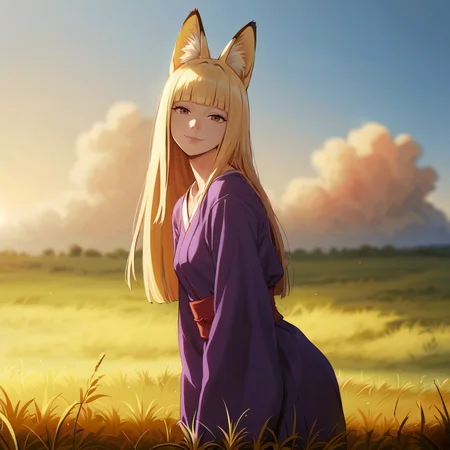 score_9, score_8_up, score_7_up,score_6_up,source_anime, best quality, hires,from side,leaning forward, 
[(realistic:0.5)::0.1],cinematic lighting,mist,film grain
1girl,solo,[blonde:ginger:0.5] hair,long hair, straight hair,hime cut,brown eyes, (fox ears:1.1),skinny, small breasts, blunt bangs,sidelocks, yaeba,light smile,  purple kimono, red obi, narrowed eyes,[(tsurime:0.5):0.1], jitome, looking at viewer,drop shadow
(yellow grass:1.9),autumn field,red and violet gradient background,(cloudy sky:1.2), sunset sky,posing, orange theme, 
<lora:Fixhands_anime_bdsqlsz_V1:1>,<lora:DobunezuMix-Pony:0:0.8>,<lora:StS_age_slider_v1_initial_release:1>
