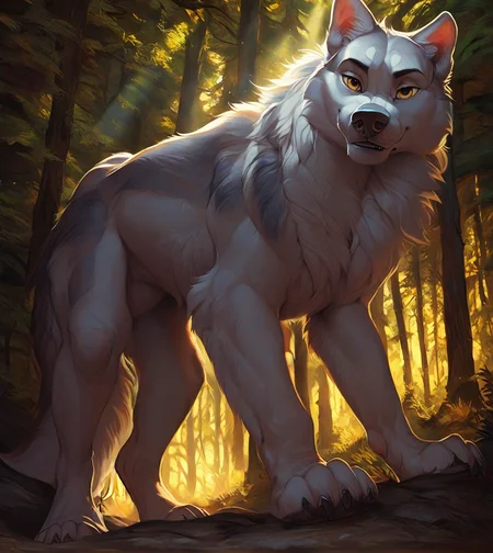 <lora:doubletroublexl:0.86> doubletroublexl, fitcher (kabscorner), realism, detailed fur, 1boy, feral, wolf, source_furry, cowboy shot, solo, two-tone body, low angle, forest clearing, light rays, beautiful lighting, dark atmosphere, aura, on all fours
score_9, score_8_up, score_7_up, <lora:incase---1:0.7>,