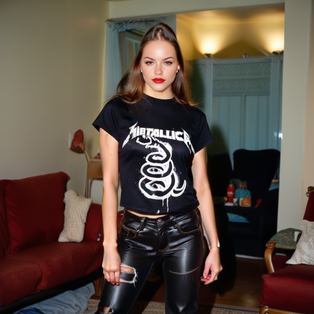 1girl, wearing a Metallica t-shirt, metallica logo, metallica_coffin design, she has black jeans, boots, she is at a night party, ultra quality, ultra detailed, 8k ,  kxkx, 
metallica_black, mtbl <lora:bettyramona-pony:0.8>br34 <lora:Rock__Metal_T-shirts_Metallica_-_Black_-_Pony_-000012:1>