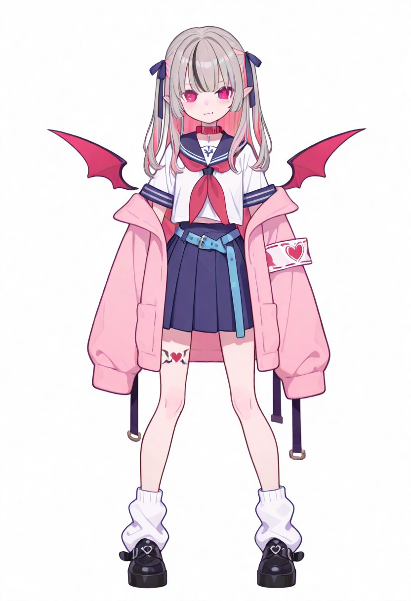 Flatline, Flat vector illustration, looking at viewer, full_body, 
niji-ririmu,flat chest,red eyes,long eyelashes,grey hair,streaked hair,multicolored hair,pink inner hair,pointy ears,fang,heart tattoo,tattoo around thigh,long hair,two side up,black hair ribbon,saggy hair ribbon,red wings,demon wings, 
niji-ririmucos1,serafuku,white shirt,short sleeves shirt,red neckerchief,midriff,blue belt,loose belt,blue skirt,miniskirt,pleats skirt,white socks,loose socks,red choker,red collar,pink jacket,off shoulder jacket,armband,long sleeves,sleeves past wrists,sleeves past fingers, 
slim, slender, fair skin, clear skin, beauty skin, smooth skin, shiny skin, beautiful legs, long legs, 
from front, front view, straight-on, look at viewer, standing, (legs apart:1.4), 
white background,