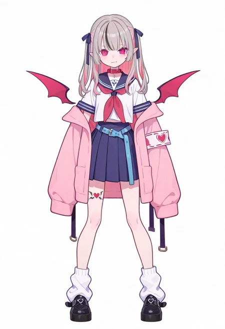 Flatline, Flat vector illustration, looking at viewer, full_body,
niji-ririmu,flat chest,red eyes,long eyelashes,grey hair,streaked hair,multicolored hair,pink inner hair,pointy ears,fang,heart tattoo,tattoo around thigh,long hair,two side up,black hair ribbon,saggy hair ribbon,red wings,demon wings,
niji-ririmucos1,serafuku,white shirt,short sleeves shirt,red neckerchief,midriff,blue belt,loose belt,blue skirt,miniskirt,pleats skirt,white socks,loose socks,red choker,red collar,pink jacket,off shoulder jacket,armband,long sleeves,sleeves past wrists,sleeves past fingers,
slim, slender, fair skin, clear skin, beauty skin, smooth skin, shiny skin, beautiful legs, long legs,
from front, front view, straight-on, look at viewer, standing, (legs apart:1.4),
white background,