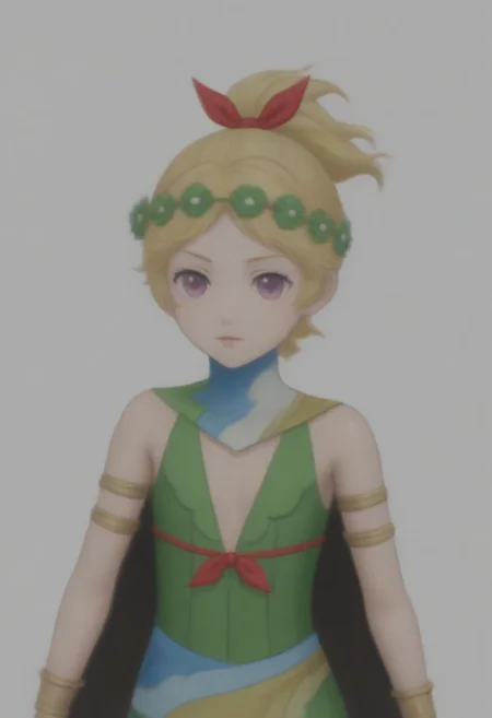 source_anime, anime screencap, source_anime, auratheguillotine, anime screencap, masterpiece, source_anime, shiny skin,,,,,, <lora:zs_DemeterXL:1> demetersmt, blonde hair, ponytail, head wreath, purple eyes, green dress, cleavage, cape, armlet, bracelet,