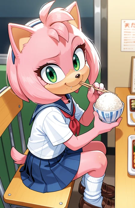 1girl, solo, full body, no humans,
<lora:Movie-Amy_v4-30:1> movieamy, petite, short legs, animal nose, pink fur, green eyes,
upper body, holding chopsticks, rice bowl, from side, looking at viewer, eating, satisfied expression,
school uniform, sailor shirt, neckerchief, pleated skirt, knee socks, loafers, extremely detailed, highres, masterpiece, best quality