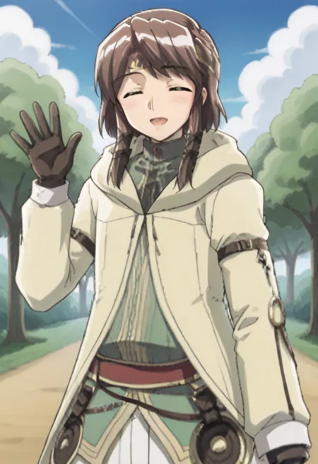 ivan, androgynous, brown hair, medium bangs, circlet, closed eyes, layered clothes, hood down, coat, long sleeves, green tunic, belt, white pants, gloves, hand up, waving, male focus, solo, outdoors, blue sky, cloud, tree