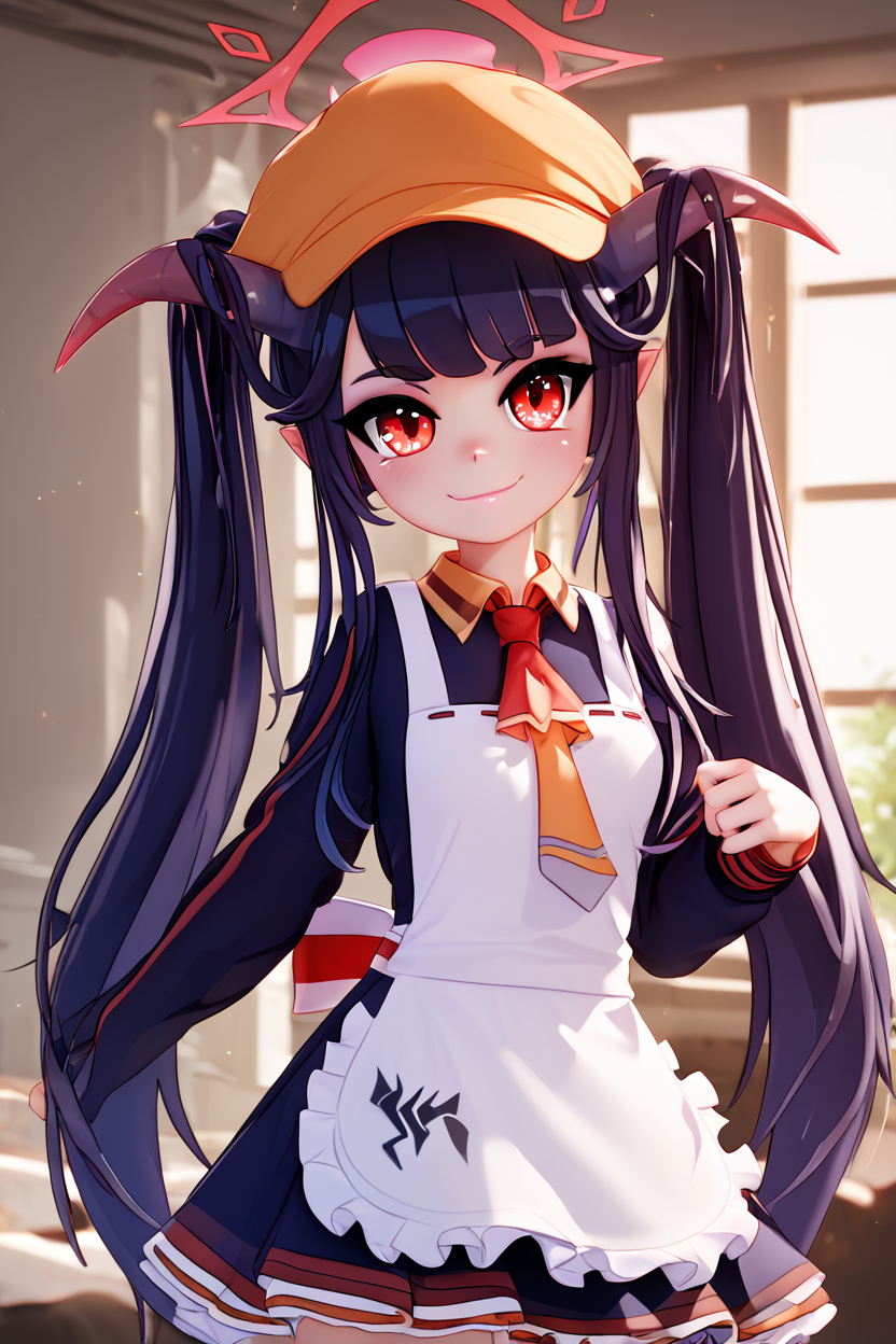 score_9, score_8_up, score_8, medium breasts, (curvy), cute, eyelashes,       BREAK, , ,,, zzFuuka, red eyes, black hair, long hair, horns, halo, demon horns, twintails black dress, white apron, frilled apron,  orange headwear, school uniform, necktie,  <lora:Fuuka_BlueArchive_PDXL:0.8>,   ,,,, BREAK, smile, closed mouth, looking at viewer, cowboy shot,  ,,, embedding:zPDXL, Expressiveh, ,,, <lora:MantisStyle_PDXL_v2:0.8>, <lora:SDXLFaeTastic2400:0.5>, <lora:Expressive_H-000001:0.4>,
