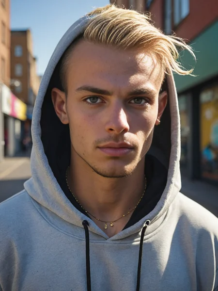 candid street photography, realistic portrait of a hot young male, hypermasculine fuckboy, testosterone, coarse features, blonde stubble, short frizzy hair with shaved sides, , wide square jaw, erotic, wearing hoodie, nose piercings, jewellery, grunge, light and shadows emphasize cheekbones, skin pores and imperfections, dark circles under eyes, hungry expression, pasty complexion, dominant, tough,