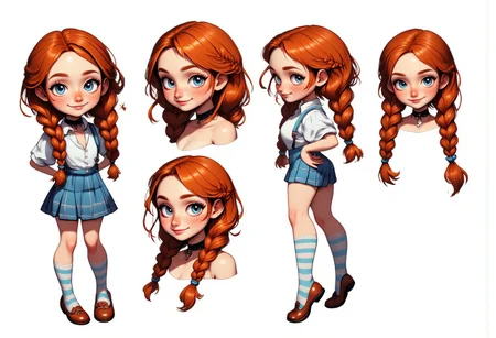 A character turnaround of a (
a Smiling, happy, seductive 22-year-old ginger-haired woman with well-braided Wavy red hair with milkmaid braids. She has freckles, a detailed face, a supermodel face, adorable bright blue eyes detailed and realistic eyes, high cheekbones, a button nose, full lips, a sweaty, petite body (small teardrop breasts;0.8), a tiny waist, HD32K) wearing she adorns her feet with bobby socks featuring timeless stripes, complementing her ensemble with a charming blue chambray plaid skirt. A sheer, airy white button-down shirt adds a touch of elegance to her outfit, while a dainty black lace choker graces her neck, completing her stylish and sophisticated look.
).
CharacterDesignFLUX, reference sheet, white background, simple background, multiple views, upper body, front, from side, color palette reference, high_detailed, captured in high detail, magic particles, multiple references