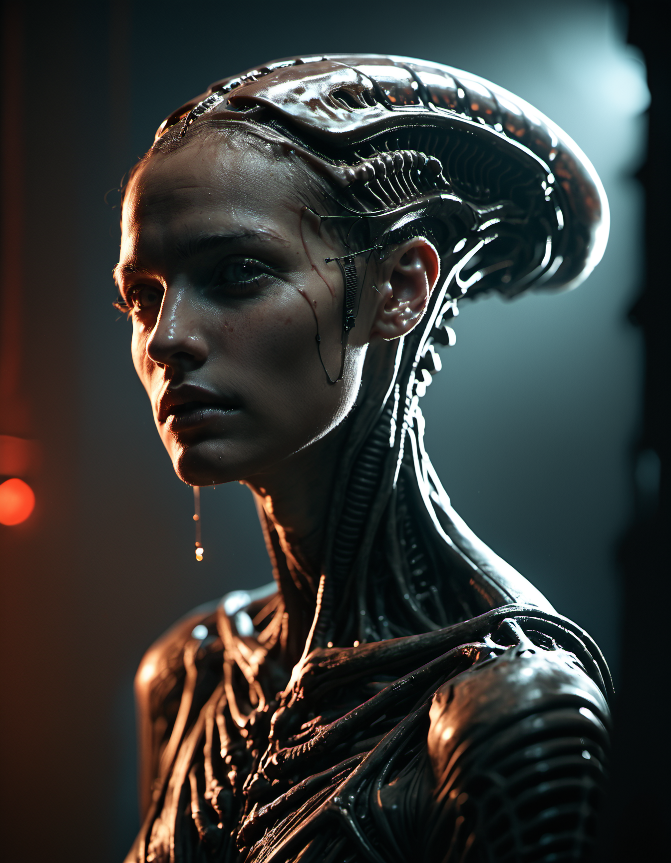 (score_9, score_8_up, score_7_up),  eerie female xenomorph ready to atack in a sophisticated alien ship,  dramatic lighting, <lora:DRKDL:0.5>, Biomechanical, HR giger inspired, organic, oily, bones, dark, scary
