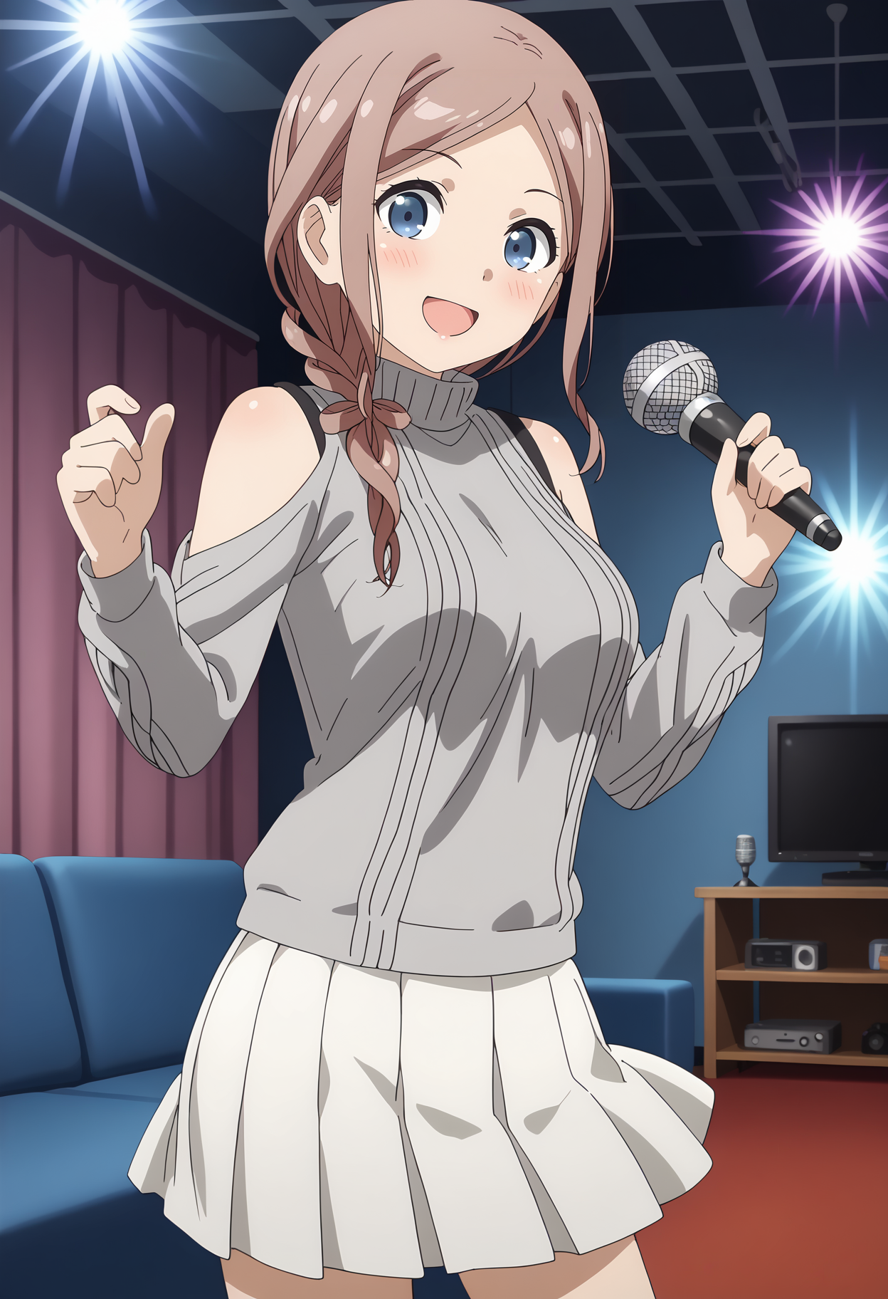 anime screencap,
<lora:OneRoom_OrisakiSayaXL:0.9>,
1girl, solo, open mouth, blush, smile,
long hair, light brown hair, parted bangs, hair over shoulder, single braid, blue eyes,
SayaSweater, ribbed sweater, turtleneck, shoulder cutout, grey sweater, pleated skirt, white skirt,
holding, microphone, thigh,
cowboy shot, standing, looking at viewer,
dark, karoke, stage lights, disco ball, couch, television, music, table, indoors, blurry background