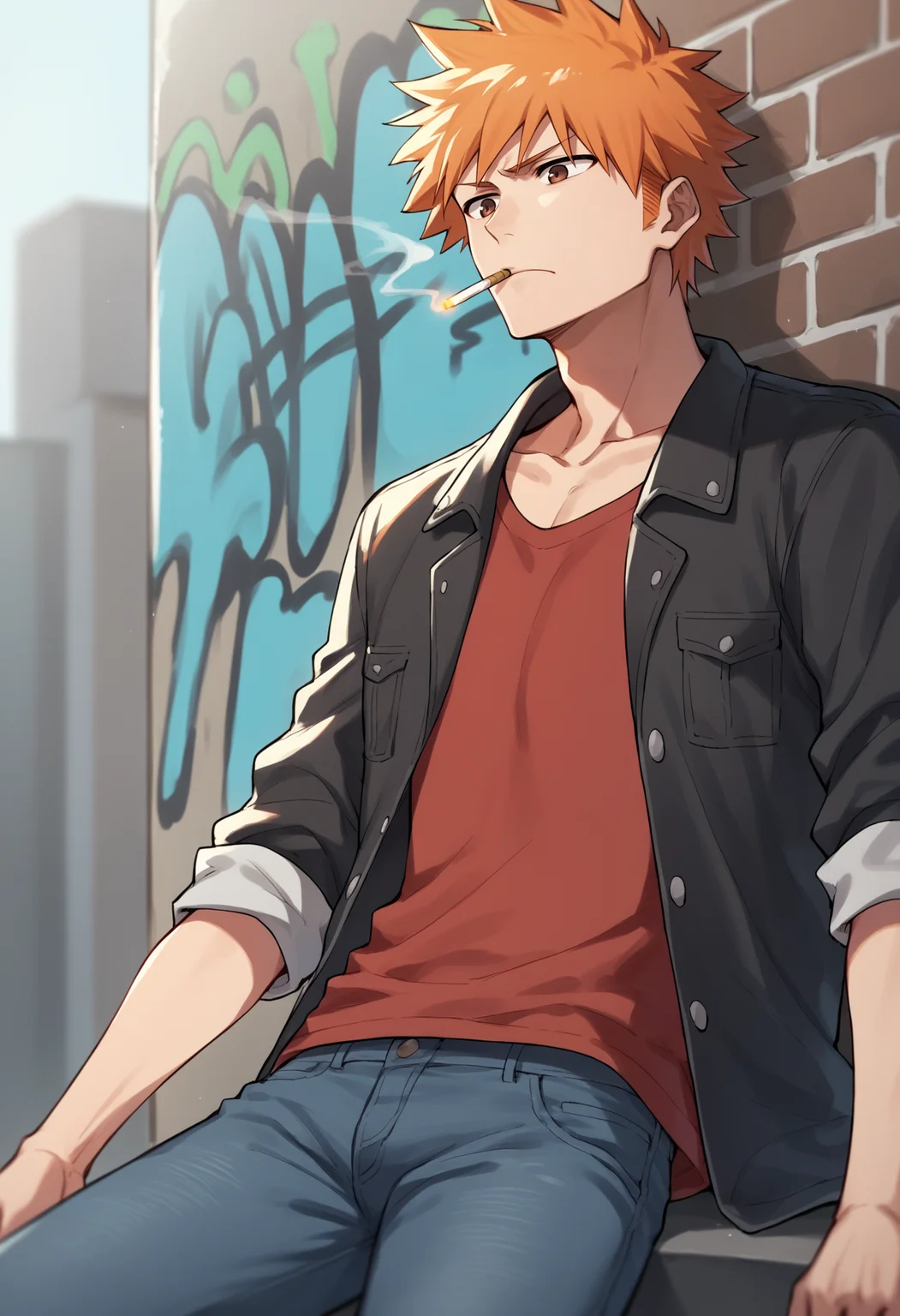 (score_8_up:1.3), (score_7_up:1.3), source_anime, BREAK,
1boy, ichigokurosaki, orange hair, short hair, spiked hair, brown eyes,
jacket, red shirt, jeans pants,
solo, colorful, graffiti, cigarette, smoke trail, bored, leaning back, [refraction|caustics|rim lights|backlighting|bloom] <lora:IchigoXL:1>