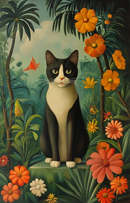 masterpiece,best quality,<lora:tbh128-sdxl:0.9>,cat with Cockatiel ,oil painting,style of Henri Rousseau,