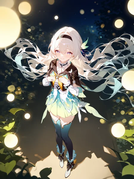 illustration, incredibly absurdres, ultra detailed, masterpiece, best quality, perfect features, intricate details, ray tracing, very aesthetic, (hitenkei, askzy:0.4), <lora:XL-aesthetic_anime:1:hr=0.1>, <lora:XL-detailed_notrigger:1:hr=0.5>, <lora:Char-HonkaiSR-Firefly-V4-SDXL:0.9>, 1girl, firefly \(honkai: star rail\), solo, gradient thighhighs, hairband, gradient skirt, feather hair ornament, frilled shirt, frilled collar, frilled boots, cropped jacket, yellow neckerchief, full body, standing, smile, floating hair, depth of field, hands on own chest, crying with eyes open, bokeh, fireflies, night