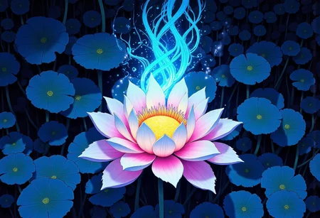 high definition digital animation depicting a cursed hannya mask radiating an eerie cyan and magenta aura blooming out of a blue lotus in a liminal bonsai garden, Studio Ghibli Dark Fairytale