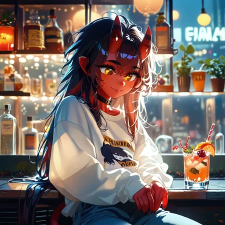 score_9, score_8_up score_7_up, score_6, BREAK masterpiece, high quality, perfecteyes, detailed background, depth of field, SkinDetail, cinematic lighting, shading, meruccubus, 1girl, 2d, red tail, horns, demon tail, long hair, black hair, choker, yellow_eyes, freckles, colored skin, red skin, demon_girl, flat chest, black outline, looking outside window, bottle, relaxing, holding glass cocktail, focus solo, on side, sitting window bench, long sleeves, white shirt, blue pants, shirt, indoors, building, interior, night sky, moon, city lights, city background, city theme, huge glass windows, smile