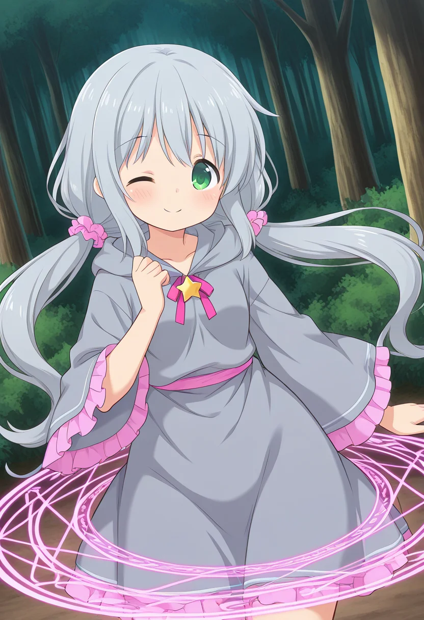 1girl, solo, lalaciellalanciel, grey hair, low twintails, hair scrunchie, green eyes, grey hooded robe, wide sleeves, mage outfit, star pendant, wink, confident smile, dynamic pose, outdoors, forest, magic circle, spell,