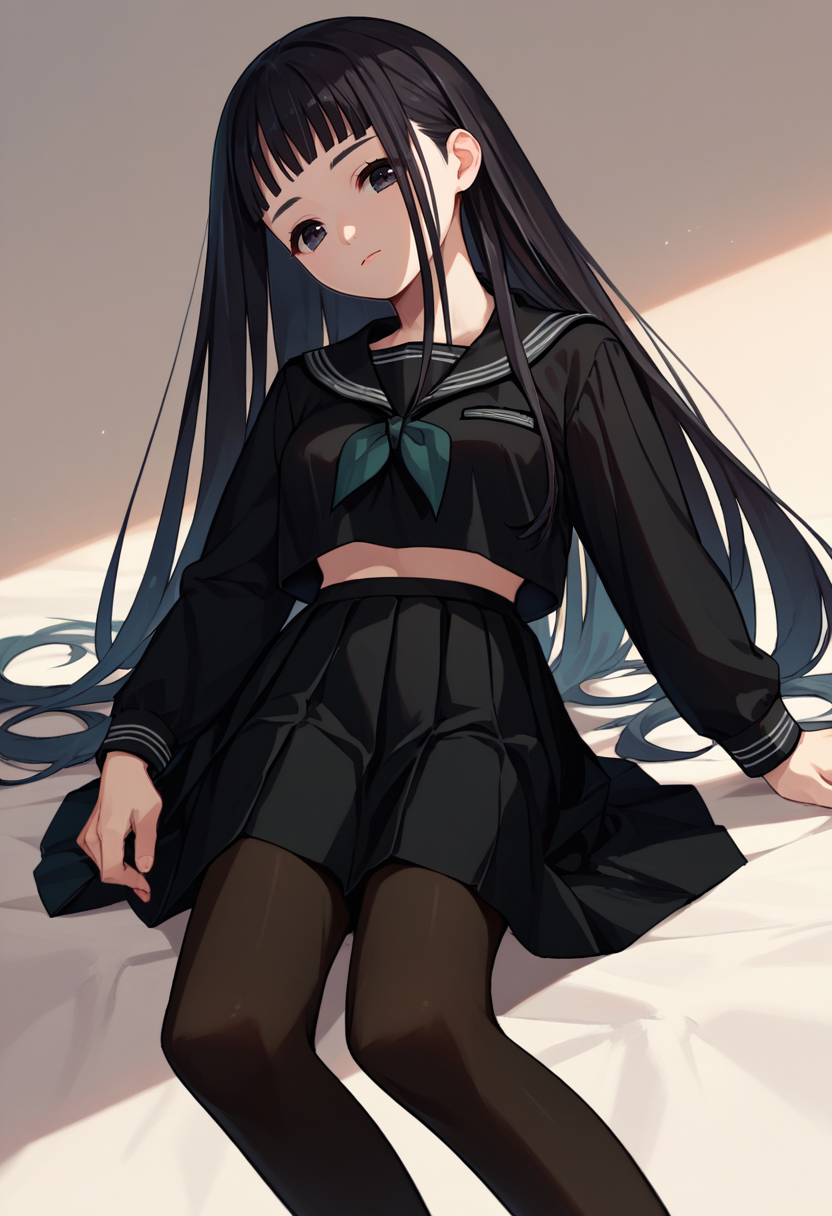 score_9, score_8_up, score_7_up, 1girl, Rinne, necktie, black serafuku, black skirt, black pantyhose, white stripes, long sleeves, black eyes, black hair, looking at viewer,   <lora:Rinne FIN 2-000028:1>