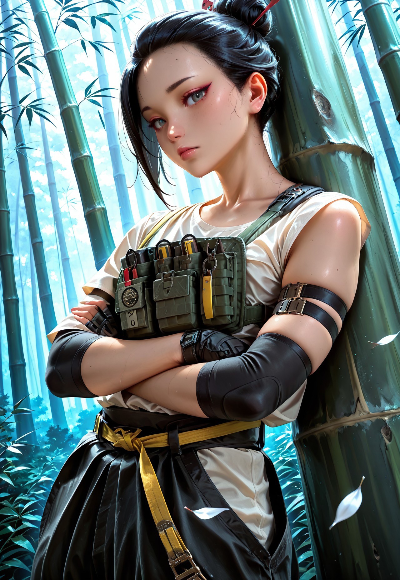 lazypos, masterpiece, best quality, dynamic angle, 1girl, solo, hibanar6s, black hair, hair bun, hair ornament, white blouse, arm strap, baggy pants, chest rig, belt, elbow sleeve, arms crossed, leaning against tree, looking at viewer, cherry blossom trees, forest, bamboo, white leaves falling, detailed scenery