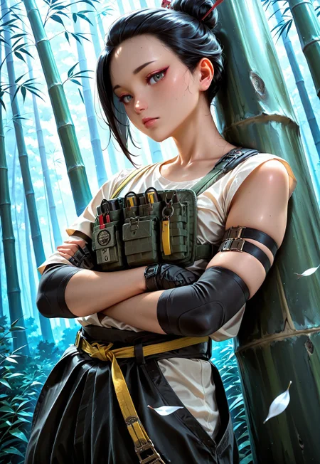 lazypos, masterpiece, best quality, dynamic angle, 1girl, solo, hibanar6s, black hair, hair bun, hair ornament, white blouse, arm strap, baggy pants, chest rig, belt, elbow sleeve, arms crossed, leaning against tree, looking at viewer, cherry blossom trees, forest, bamboo, white leaves falling, detailed scenery