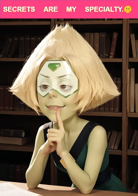 score_9_up, score_9, score_8_up, score_7_up, rating_explicit, leaning forward, smirk, half-closed eyes, shushing, finger to mouth, inside library, 1girl, solo, upper body, source_anime, girl 5hu5hing, Peridot, 7000 years old female, adult, Green skin, Yellow diamond-shaped hair, Large, expressive eyes, Small, triangular nose, Lanky build, Limb enhancers (initially), Visor (initially), Green, sleeveless dress (initially), Stocky without limb enhancers, Green triangular ears, peridot