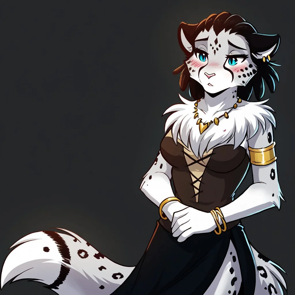 score_9, score_8_up, score_7_up, score_6_up, score_5_up, source_furry,
BREAK
1girl, furry female anthro, large breasts, curvy, (shy, blushing), cleavage, slit dress, ornate dress, bracelet, armlet, necklace, earrings, simple background, ((backlighting)), black background, thighs
BREAK
<lora:Adira-Riftwall-Twokinds-SDXL-AnonTK-V2:0.80>, adira-riftwall-twokinds, keidran, mammal, snow leopard tail, snout