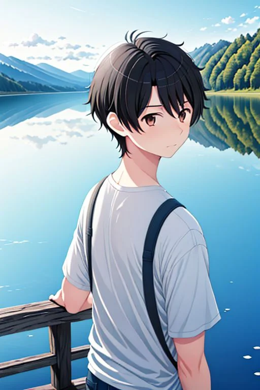 high resolution, solo, best quality, 1Boy, Inaho Kaizuka, Black hair, Brown Eyes, Fishing, lake, calm, patience, OverallDetail