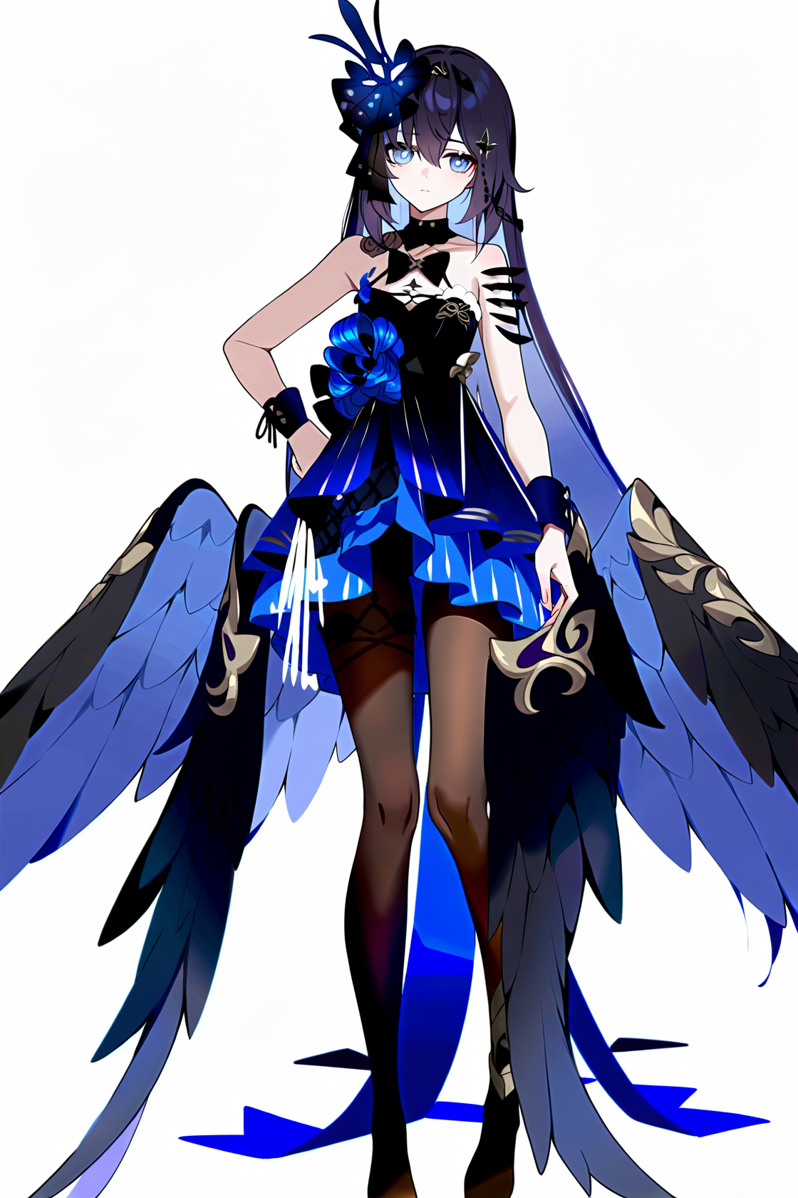 8k, best quality, masterpiece, (ultra-detailed), (high detailed skin), 
(wanke), (pigeon666), ((rei_(sanbonzakura)),konya_karasue,year 2023, full body, full shot, standing, looking at viewer, (solo:1.2), simple background, white background, hand on own hip,,, <lora:xierssyy-noob-Tanger-000010:0.8>, , xier, yongye, second clothes, black sleeveless dress, black hair ornament, black low wings, 1girl, blue eyes,  long hair, black hair, black pantyhose, bare shoulders, seele vollerei, bangs,  A full-body portrait of a young girl, standing gracefully, pastel art style, high-key lighting, shoujo manga influence, hd quality, delicate details,,,