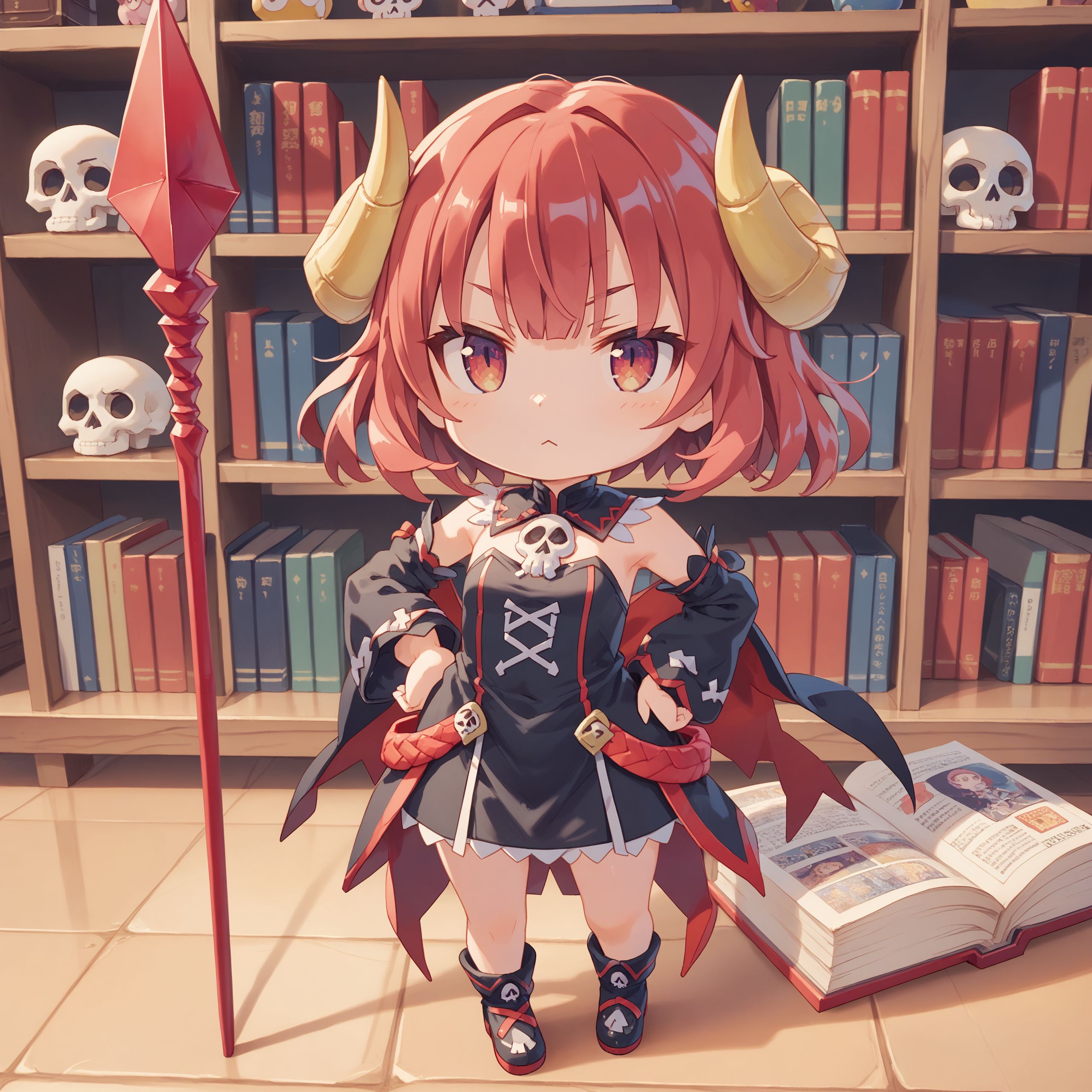 score_max, (score_9, score_8_up, score_7_up:1.2), score_6_up, official art,
, masterpiece, absurdres, high detail, 8k,
book shelf, amiibo,
standing, holding spear, planted spear, hand on hip,
chibi, chibikurona, red hair, yellow horns, black dress, skull,
 <lora:XL_Pony_game-galgun2-kurona-t1:1>