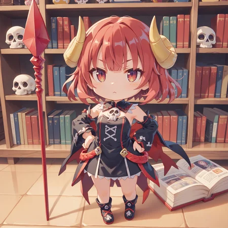 score_max, (score_9, score_8_up, score_7_up:1.2), score_6_up, official art,
, masterpiece, absurdres, high detail, 8k,
book shelf, amiibo,
standing, holding spear, planted spear, hand on hip,
chibi, chibikurona, red hair, yellow horns, black dress, skull,
<lora:XL_Pony_game-galgun2-kurona-t1:1>